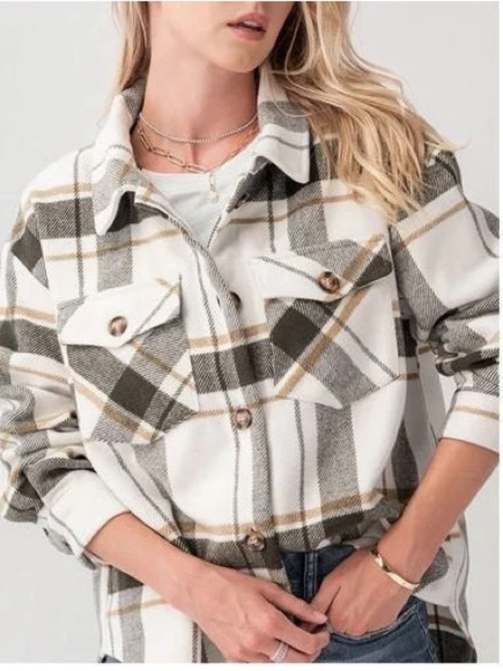 Plaid Flannel Shacket Button-Up in White, Tan and Olive